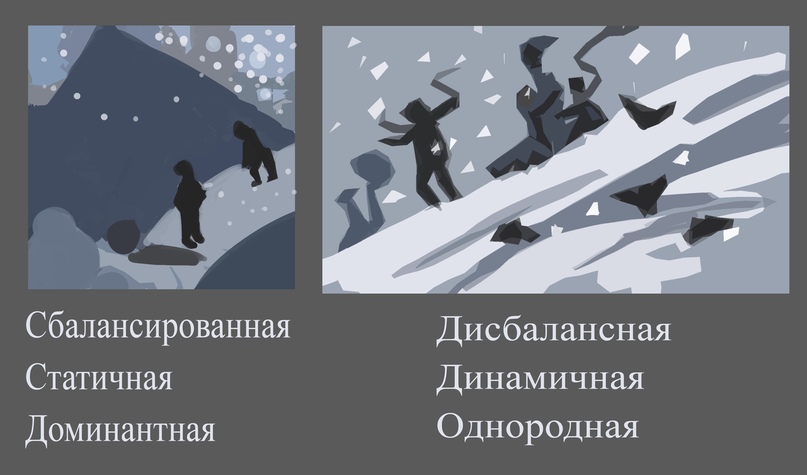 Слева — акцент на взаимодействии двух персонажей. Справа акцент на движении и веселье. Одна и та же тема, несколько грубых пятен, два совершенно разных сюжета.